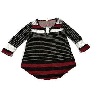 We The Free People 3/4 Sleeve Striped Lace Trim Blouse Top Womens Red Black Sz M